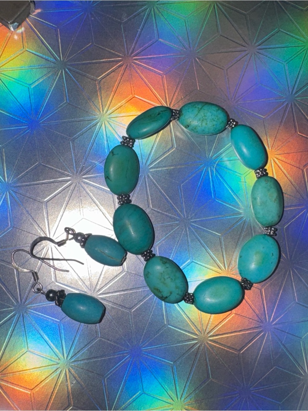 Turquoise Stone Set Stretch Bracelet & Dangle Earrings